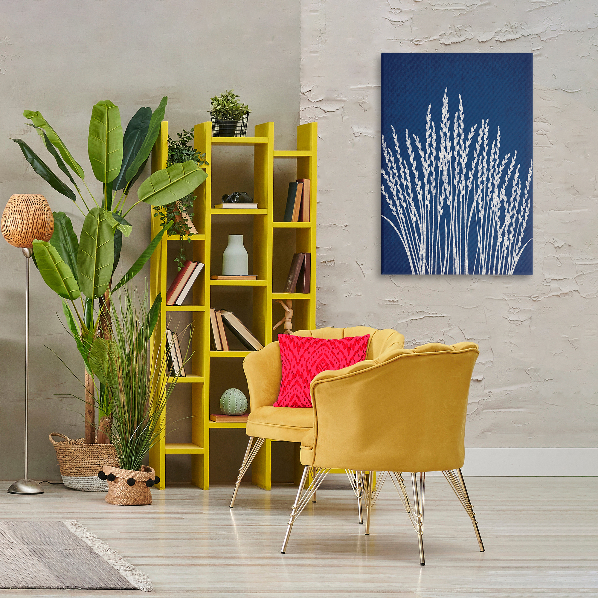 Stupell Industries Reed Grasses on Blue Plants & Flowers Painting Wrapped Canvas Art Print Wall Art, 24 x 36