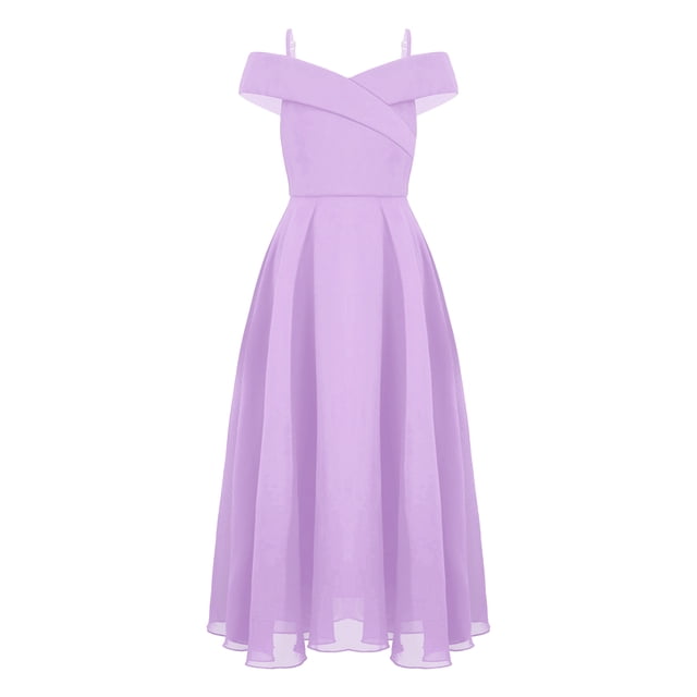 YONGHS Robe de Demoiselle d'Honneur Épaules Dénudées Fille Fleur Enfants Bretelles Spaghetti Robe Longue en Chiffon Lavande 16