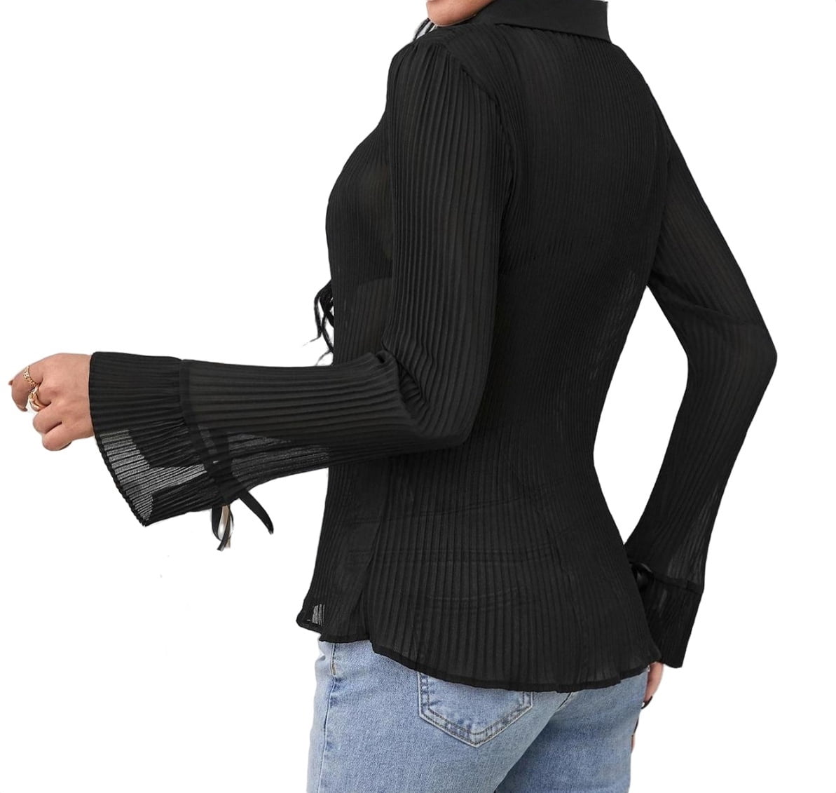 Womens Blouse Tops Split Cuff Plisse Sheer Chiffon Shirt Without Bra Black  XS