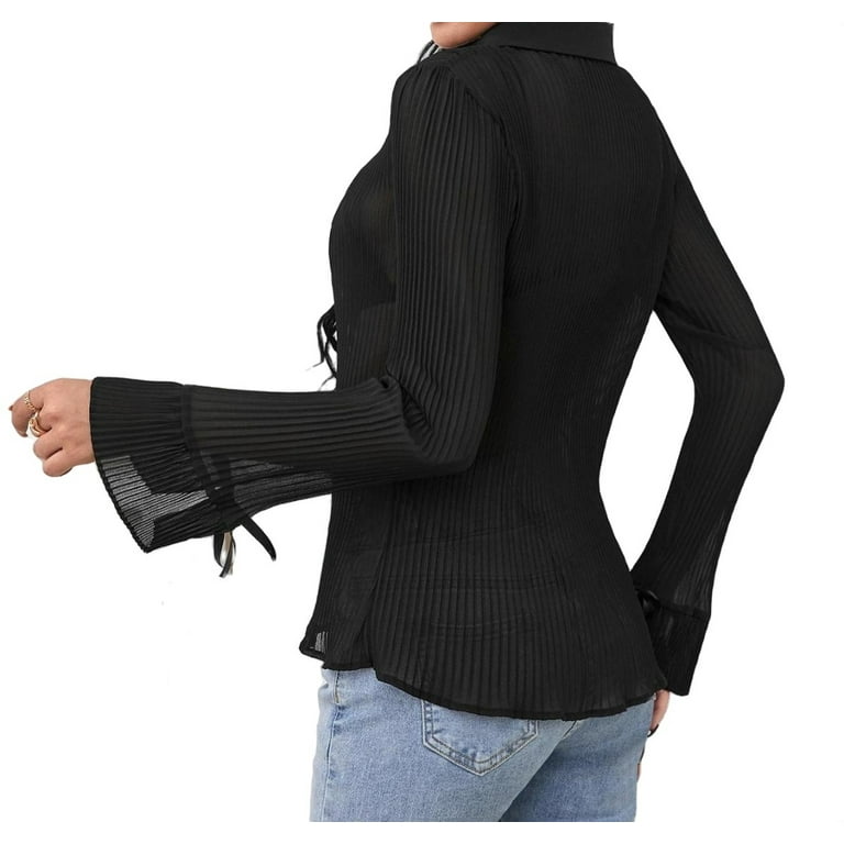 Womens Blouse Tops Split Cuff Plisse Sheer Chiffon Shirt Without Bra Black  XS