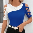 thumbnail image 4 of Olyvenn Women's Colorblock Criss Cross Cut Out Short Sleeve Round Neck Tee Shirts Hollow Out Streetwear Patchwork Shirts Blue XL, 4 of 8