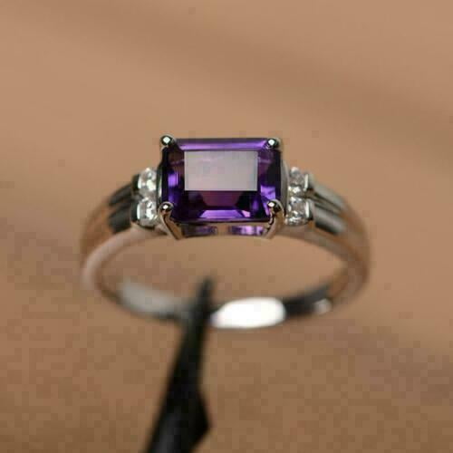 1Ct Emerald Lab-Created Amethyst Women's Engagement Ring 14K White Gold Plated Silver