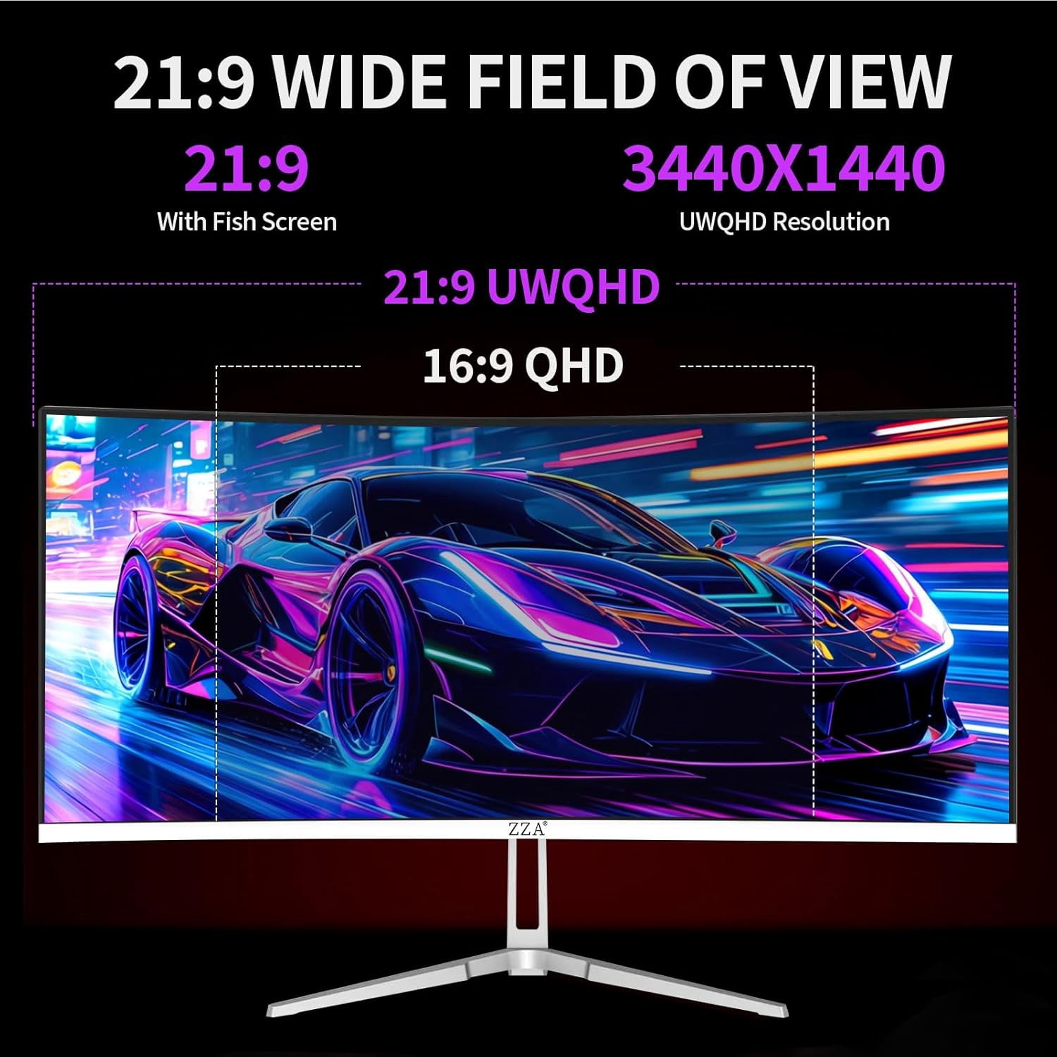 ZZA 34" Curved Gaming Monitor - 165Hz/180Hz WQHD (3440x1440P) UltraWide, FreeSync, 100% sRGB, HDMI 2.1 & DP 1.4, PBP Mode, Wall-Mountable - White
