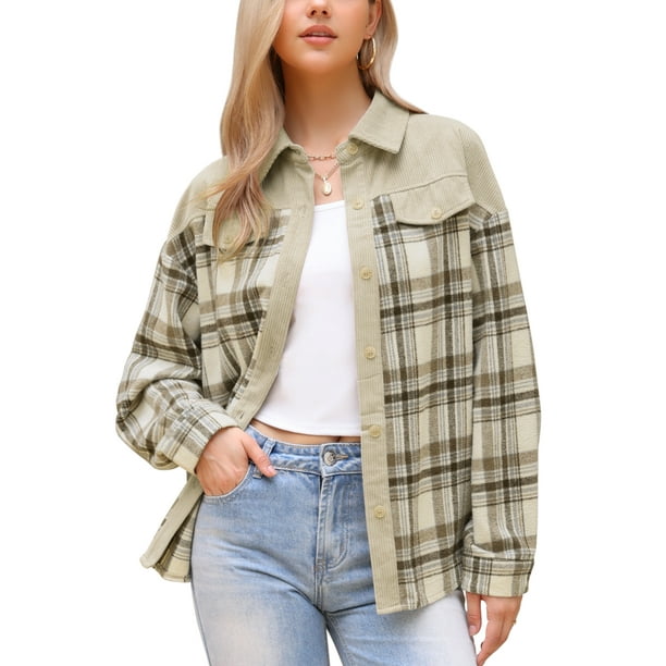 Chaqueta de pana INSPIRE CHIC para mujer, camisa de franela a cuadros, chaquetas casuales, talla XL, color albaricoque