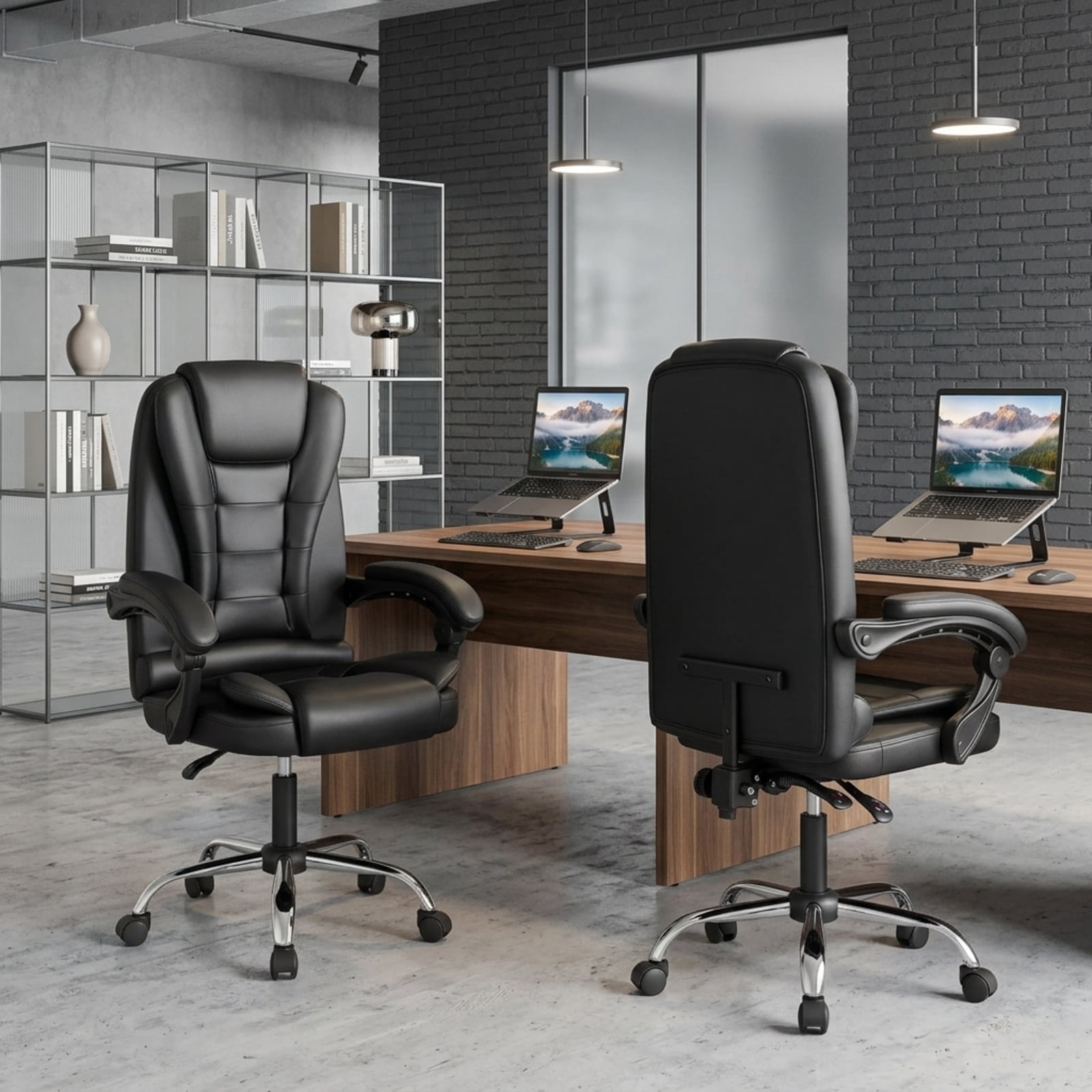 Furnibear High Back Executive Office Chair with Linkage Armrests Reclining Backrest PVC Leather Seat and Swivel Base for Home Office, Black