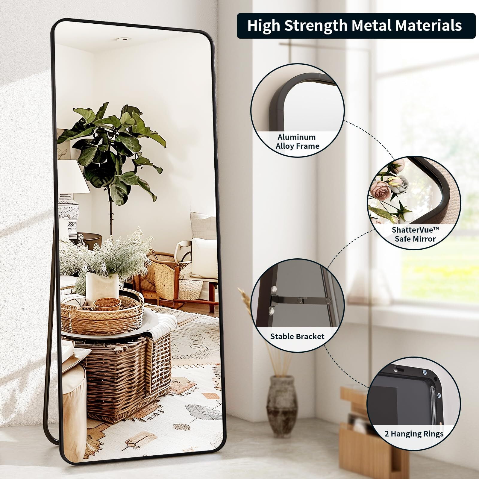 Mirstory Full Length Mirror 23"x66", Large Floor Mirror with Rectangle Rounded Corners, Aluminum Alloy Frame,Black