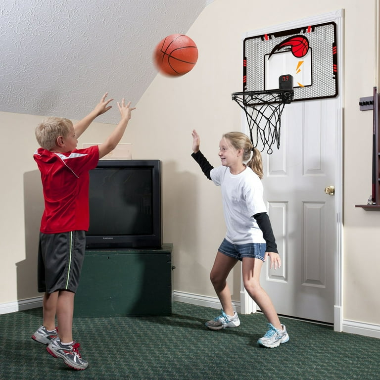 LAYADO Kids Mini Basketball Hoop Set Electronic Score Record and Sounds, Basketball Hoop Over The Door with 3 Balls, Hand Pump Basketball Backboard