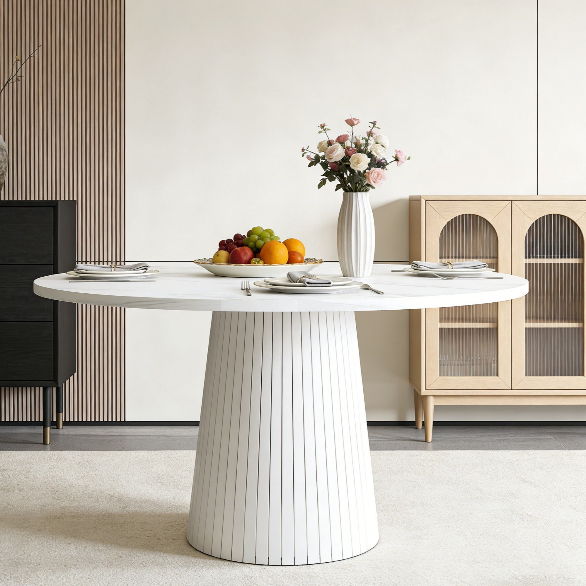 AENKYO 47" Round Dining Table for 4, Modern Farmhouse Pedestal Kitchen Table with Wood Strip Base, Marble Finish