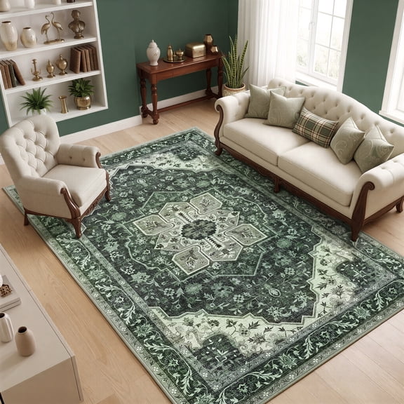 WANLISELL 6'x9' Area Rugs for Living Room, Non-Slip Low Pile Washable Rug Vintage Soft Bedroom Rug, Non-Shedding Distressed Farmhouse Dining Room Rugs, Dark Green