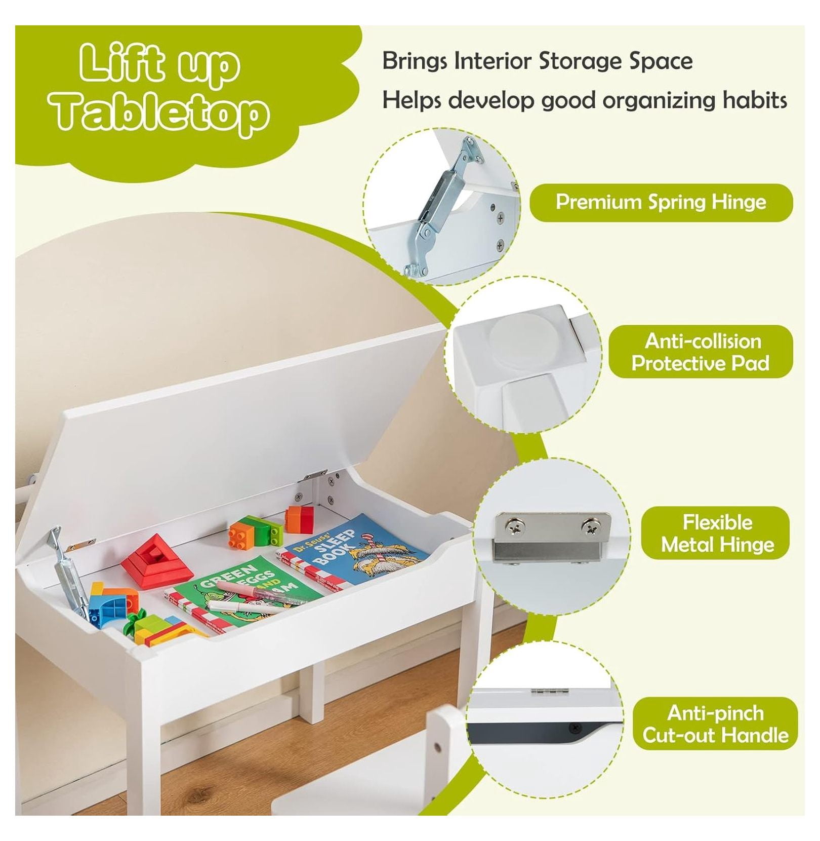 Kids Table and Chair Set, Wooden Lift-Top Desk & Chair with Storage, Paper Roll Holder & Pen Slot, Activity Table Set for Art, Children Furniture Set for Daycare, Playroom (White)