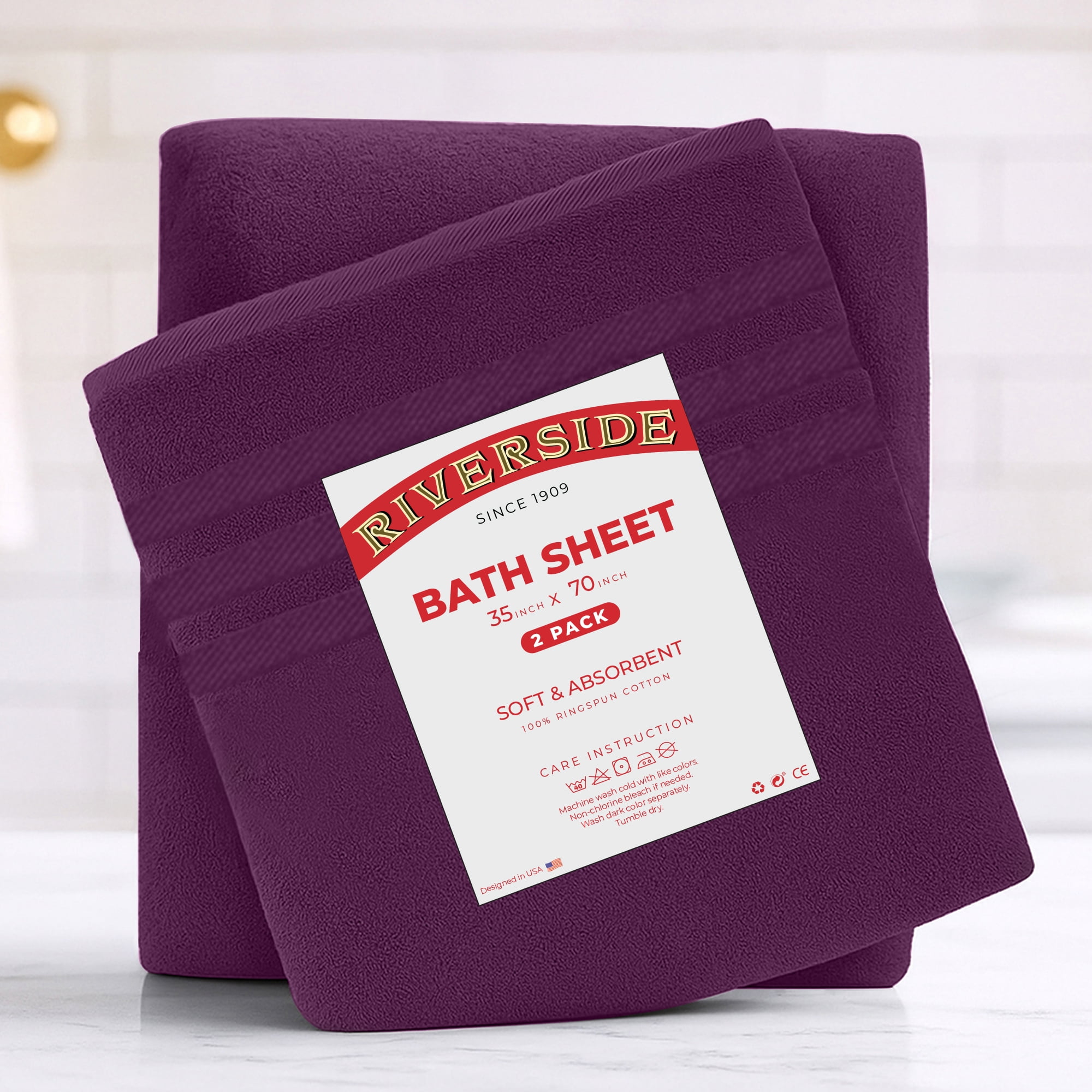 RIVERSIDE 2 Pack Luxury Bath Sheets 35×70 Soft Quick Dry Extra Large Cotton Towels 600 GSM Hotel Quality Spa - Purple