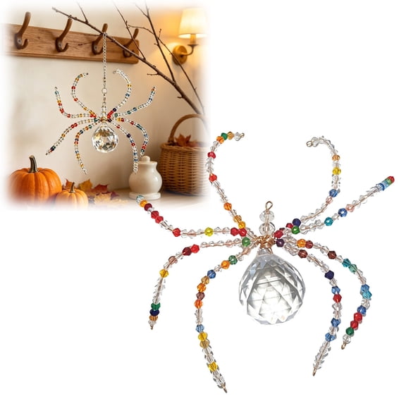 Crystal Spider SunCatcher, Handmade Beaded Spider Prism Window Hanging Ornament with Colorful Light Reflections, 3D Beaded Spiders Figurine, Halloween Indoor Decor for Car Balcony Wall Yard Home
