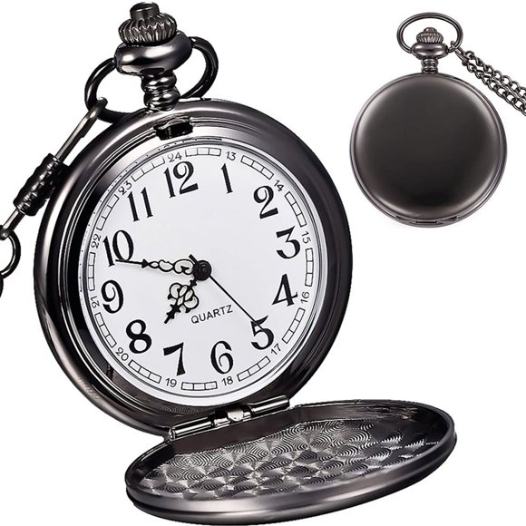 DEBGFS Vintage Pocket Watch Quartz Pocket Watch with Chain Classic Mechanical Movement Pocketwatch Smooth Silver Steel Men Watch Hand Winding Pocket Watch for Men Women Christmas Gift,black