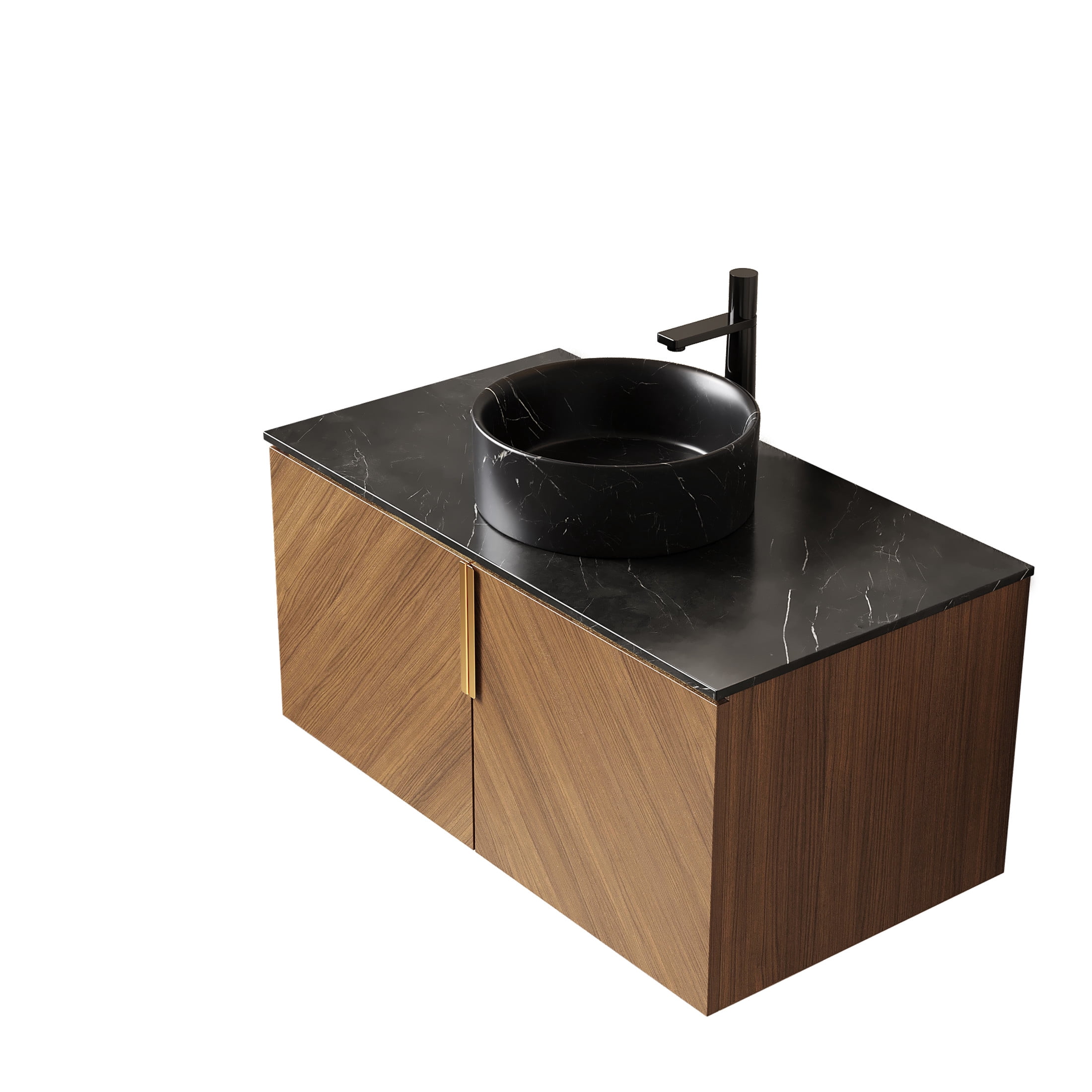 Noble House ARAI 36" Floating Bathroom Vanity, Sintered Stone Top Storage Cabinet with Black Round Vessel Sink, Oak