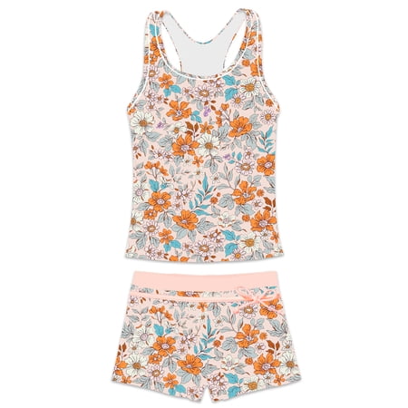 PROALLO Girls Bathing Suits Two-Piece Swimsuit with Boyshorts Vest-Style Tankini(6-7T Orange Flowers)
