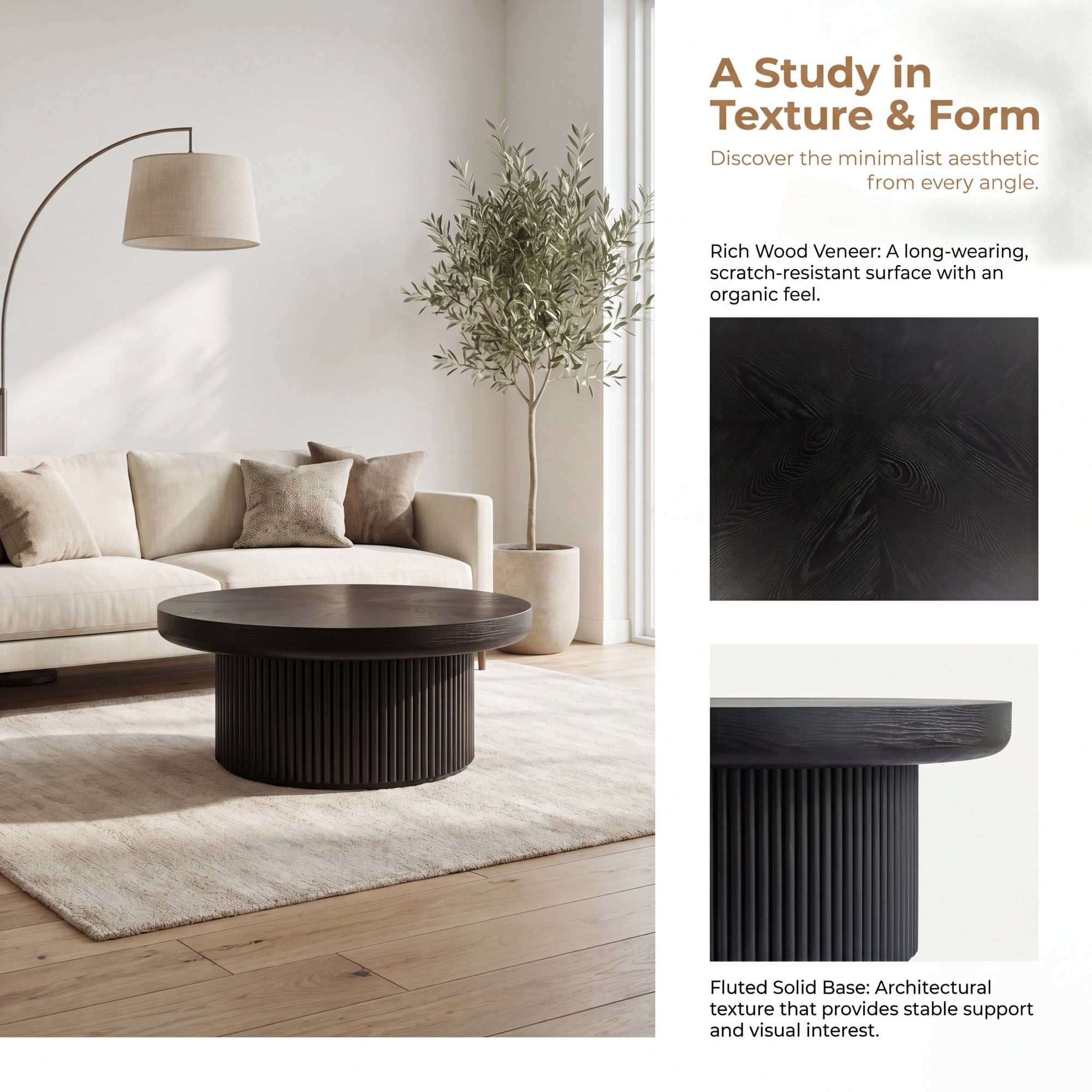 33.46'' Round Coffee Table with Fluted Cylindrical Base, Ash Wood End Table with Thickened Tabletop, Modern Cocktail Table