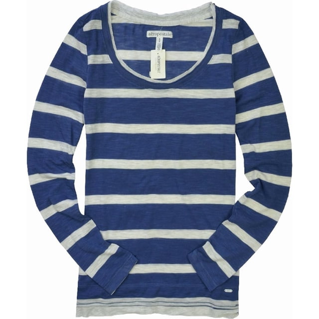Aeropostale Playera de Manga Larga con Estampado de Rayas para Mujer, Azul, Small