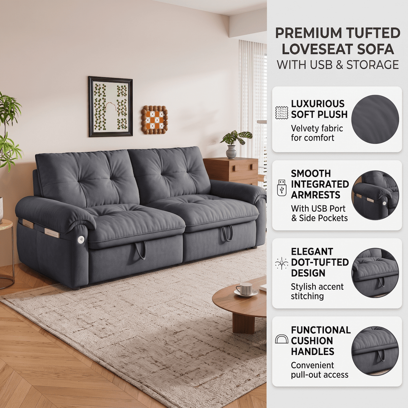 Xiweot Convertible Sleeper Sofa Bed, 77" Queen Size Pull Out Couch with Side Pocket, Adjustable Backrest & USB Ports, Comfy Velvet Loveseat for Living Room Apartment Small Space (Gray)