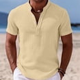 thumbnail image 4 of Zimjoy Men's Henley Shirts Casual Short Sleeve Bamboo Linen Band Collar Shirt Summer Button Basic Tee Khaki L, 4 of 5