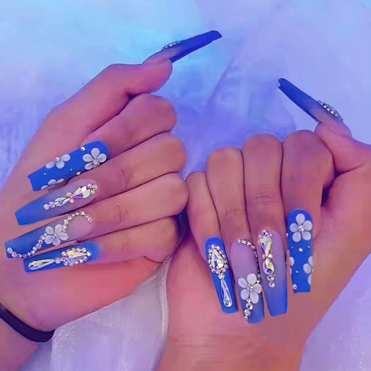 Long Press on Nails Gems Blue Flower Fake Nails with Designs Matte