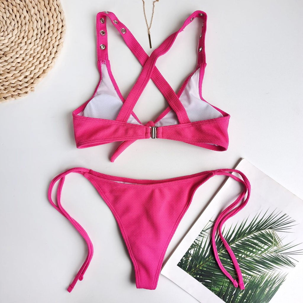 ZXHACSJ Lady Women Solid Color Push-Up Padded Bra Bikini Beach Set Swimsuit  Swimwear Hot Pink S