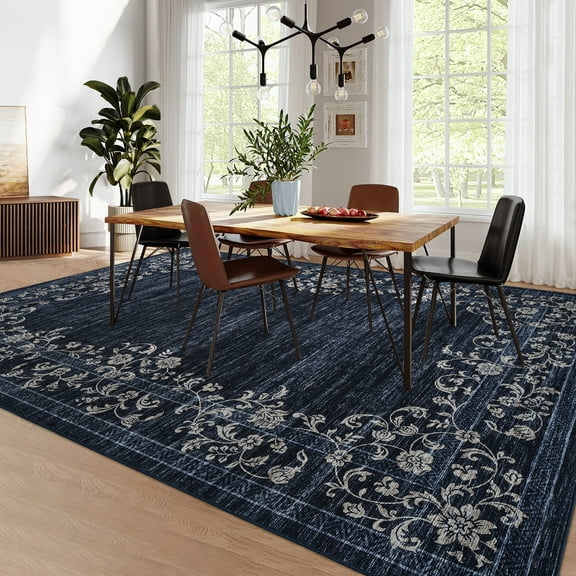 HOMERRY Washable 10' x 13' Area Rug for Living Room Farmhouse Modern Floral Bordered Dark Blue Rug Stain Resistant Large Indoor Carpet