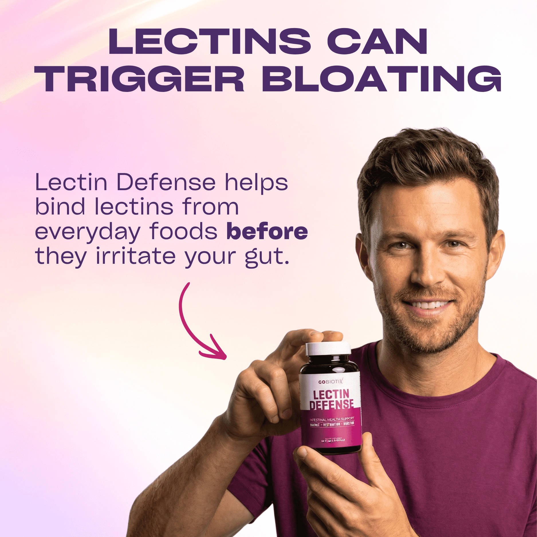 GoBiotix Lectin Defense Supplement for Intestinal Health, Bloating, and Immune Support, 60 Capsules