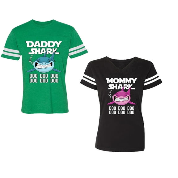 Dady Mama Shark Unisex Couple Matching Cotton Jersey style T-Shirt Contrasting stripes on sleeves (Men Green / Women Black) (Men S / Women S)