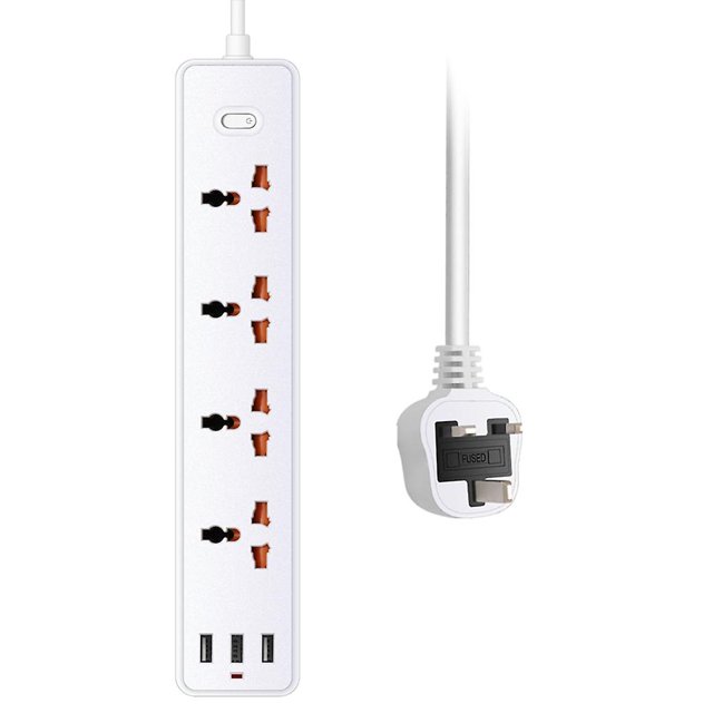 White UK Plug Protector contra sobretensiones para regleta, 4 salidas y 3 puertos USB, cable de extensión de 3,9 pies
