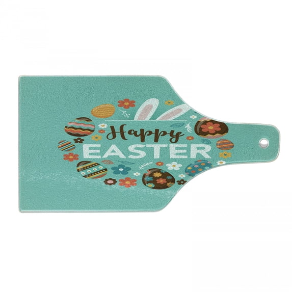 Easter Cutting Board, Spring Holiday Pattern with Ornate Eggs Blossoming Flowers Bunny Ears Hand Lettering, Tempered Glass Cutting and Serving Board, Wine Bottle Shape, Multicolor, by Ambesonne