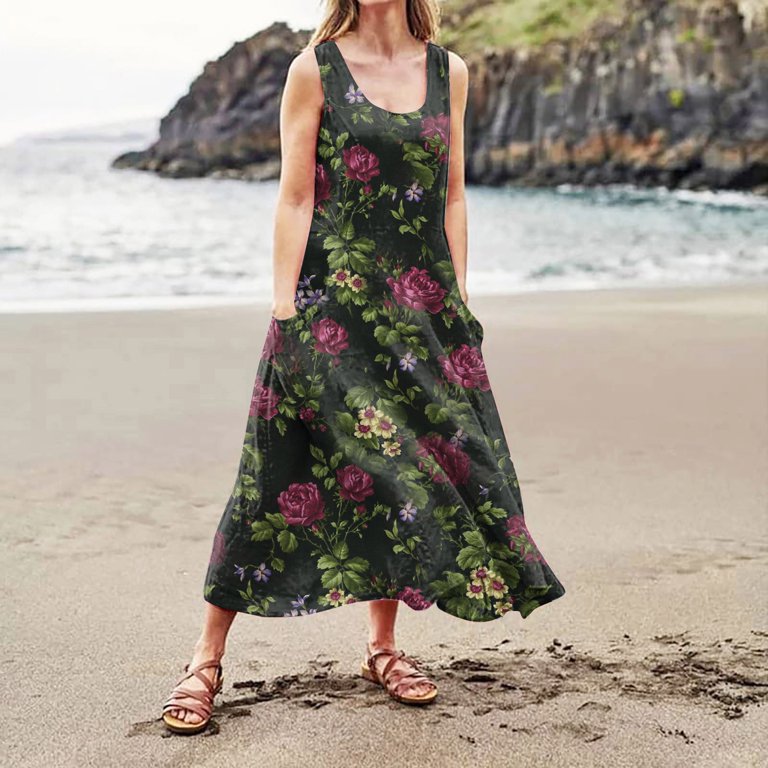 Ovticza Cute Summer Dresses for Women Trendy Boho Flowy Maternity Maxi  Dresses Floral Tank Long Sundresses Sleeveless Cotton Linen Sundresses Over  50 with Pockets Wine L - Walmart.com