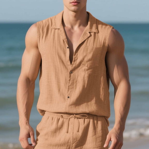 Antqov Tank Tops Men, Solid Color Blend Linen Casual Sleeveless Muscle Pocket Shirt with Button Down Collar, Vacation Fashion Breathable Cozy Lightweight Summer Top