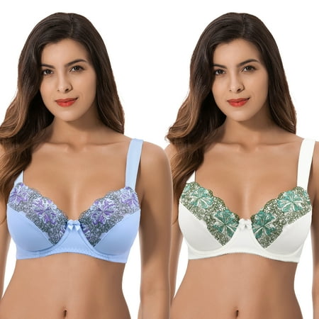 

Curve Muse Womens Plus Size Minimizer Underwire Unlined Bra with Embroidery Lace-2Pack-BUTTERMILK SERENITY-44B