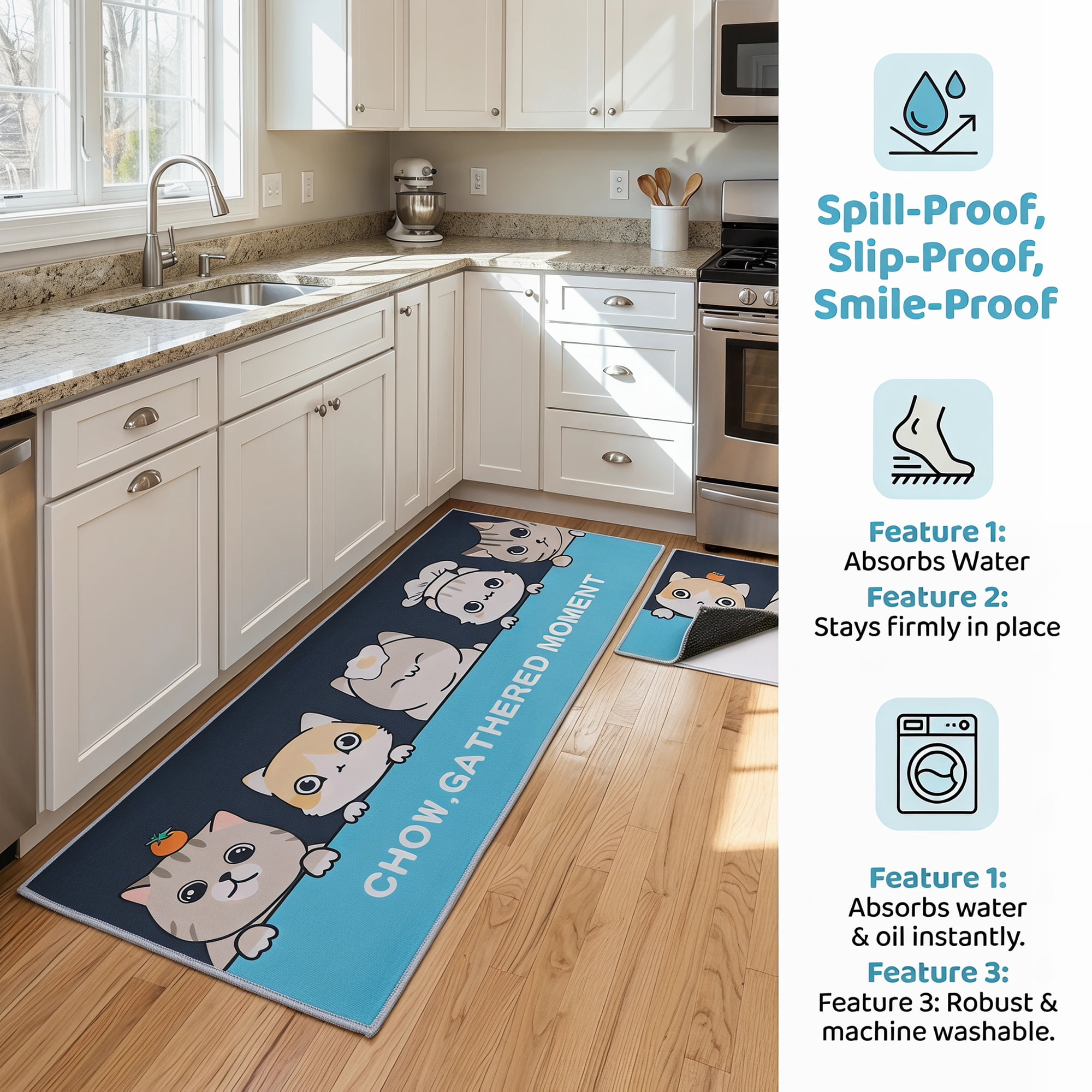 Unique Bargains Non Slip Cat Floral Printed Kitchen Rugs and Mat Dark Blue 31"x20"+47"x20"