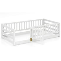 Infans Twin Size Floor Bed w/High Fence & Door Safety Guardrails Wood Floor Bed Frame