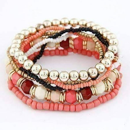 Coral Beads Jewelry Bracelet - ON SALE - Bohemian Beads Multi Layered Bracelet Coral