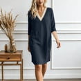 thumbnail image 2 of Vetsdori Women's Solid Color V-Neck Lace 3/4 Sleeve Linen Shift Dress Casual Flowy Summer, 2 of 9