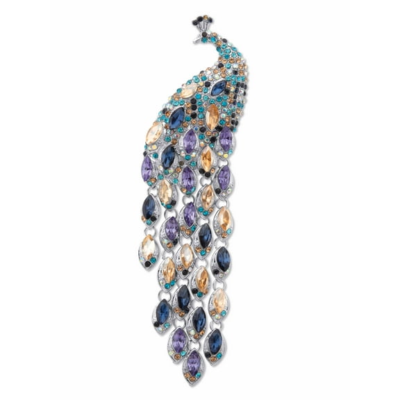PalmBeach Jewelry Marquise Cut Multi-Colored Crystal Peacock Pin Silvertone 5 1/2" Length