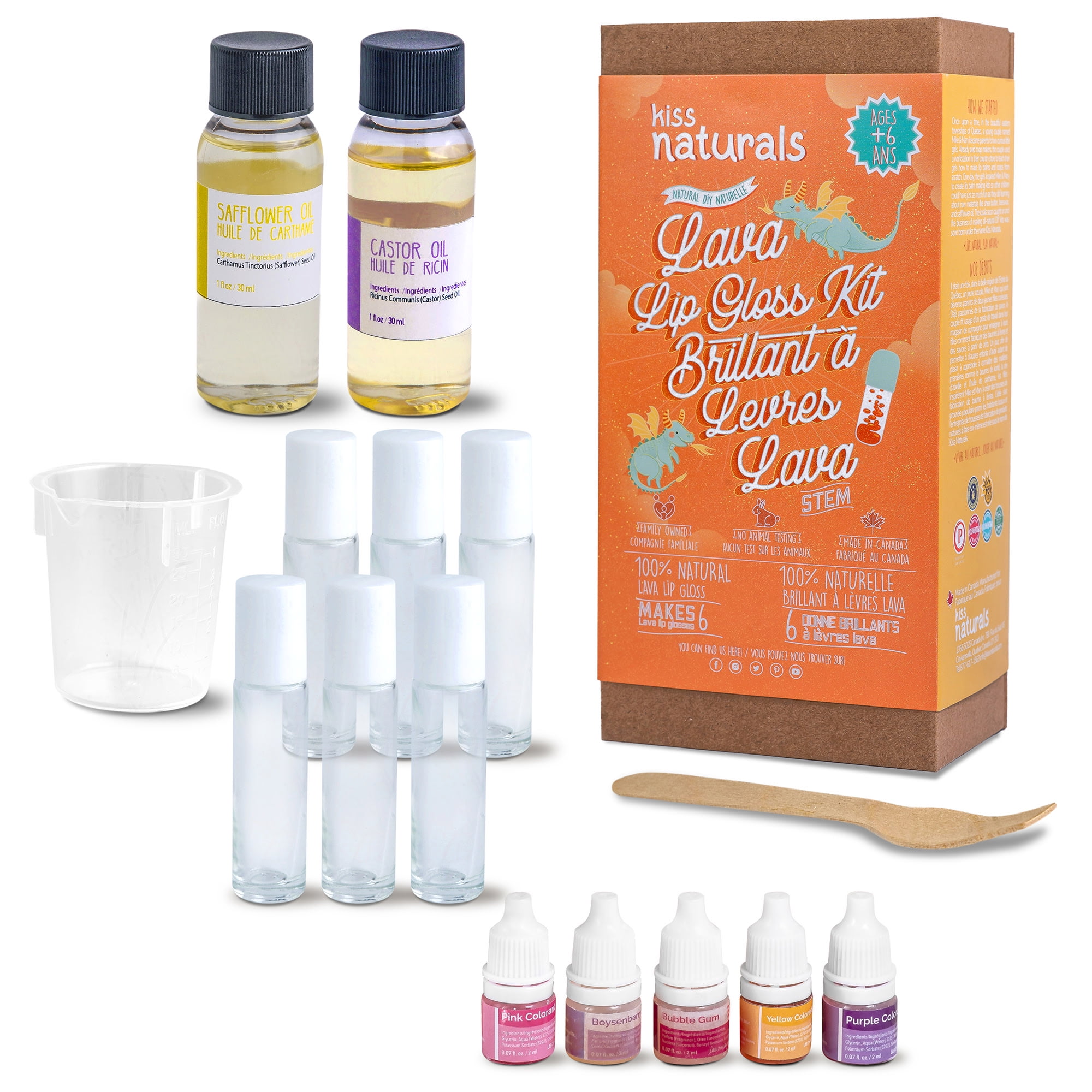 Kiss Naturals: Lava Lip Gloss Kit - Make 6 Glosses, DIY Kids Beauty Craft Kit, Organic Ingredients, Essential Oils, 2 Natural Flavors, STEM Ages 6+