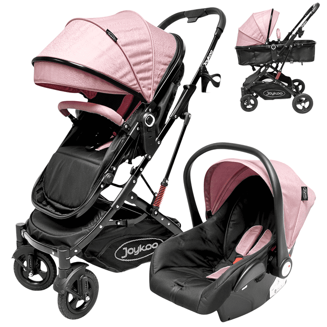 Carriola para Bebé con Portabebé Travel System Reversible Convertible a Bambineto Ruedas de Goma con Freno Plegable Cinturón de 5 Puntos - Rosa