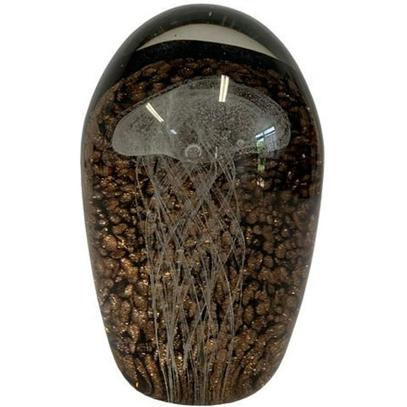 Barry Owens BV949 Glow in the Dark Glass Jellyfish Figurine with Black and Gold Background 5 Inches Tall
