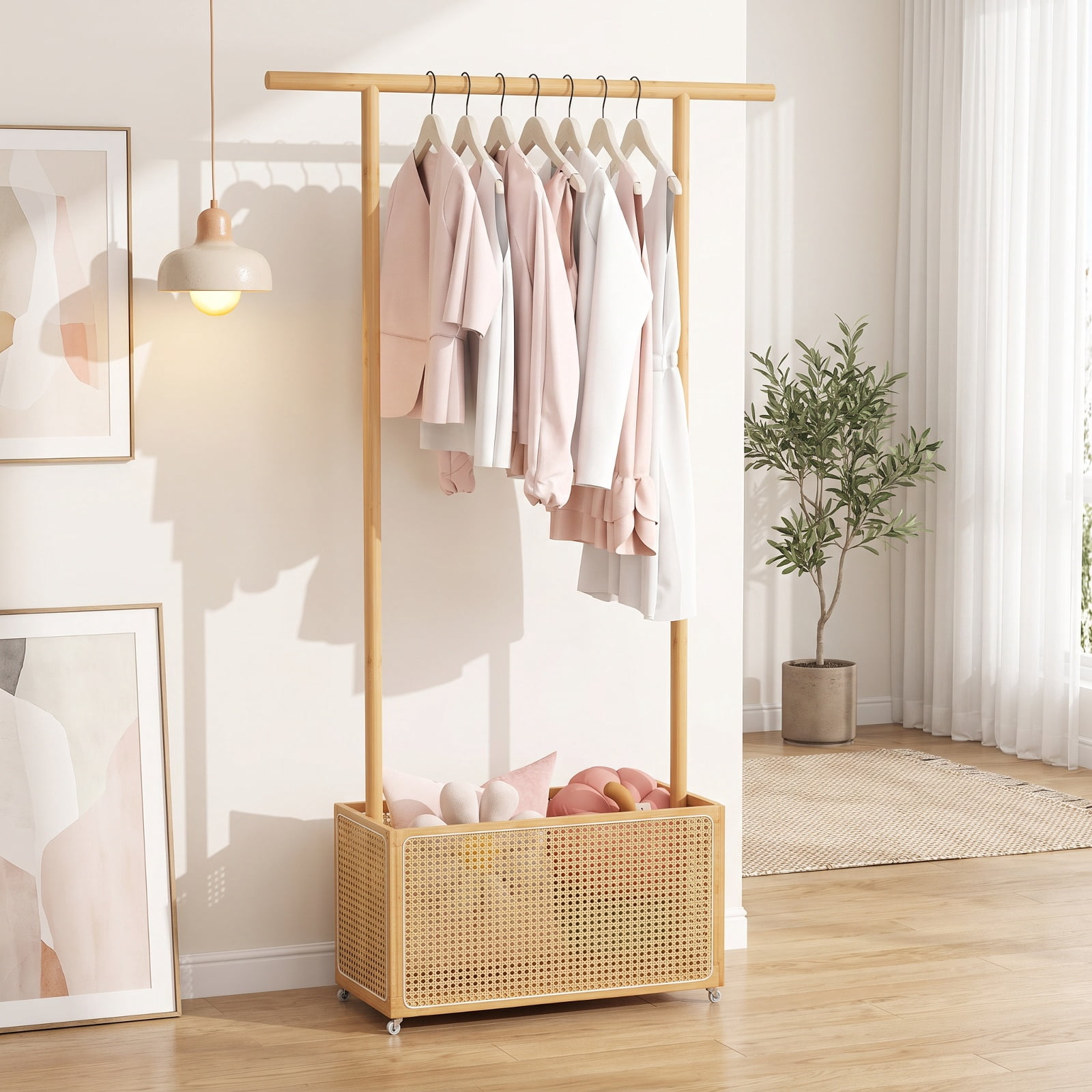 Furnibear Bamboo Clothes Rack with Wheels Woven Rattan Storage Basket and Hanging Rod Rolling Garment Rack for Bedroom and Entryway, Natural