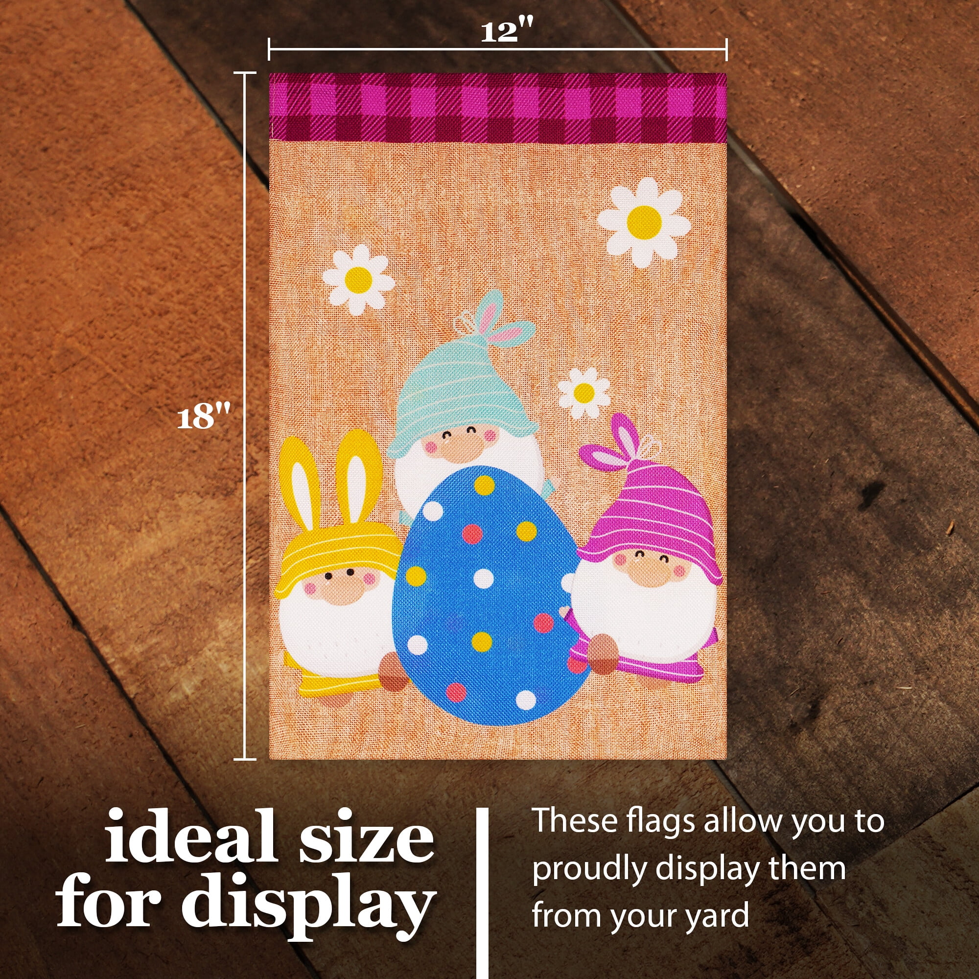 G128 2sets: 36"x16" Flag Stand & 12"x18" Double Sided Gnomes with Easter Egg Garden Flag Decoration