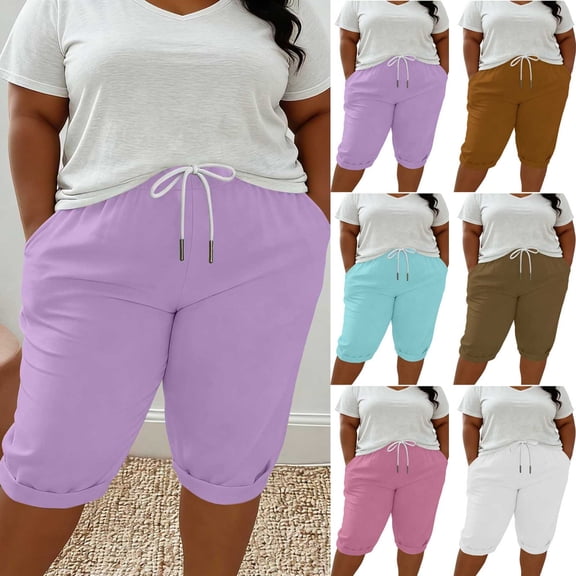 Women's Plus Size Shorts, Drawstring Elastic Waist Shorts with Pockets, Cotton Blend Loose Sport Knee‑Length Shorts for Beach Workout Daily | TruHer,Brown L