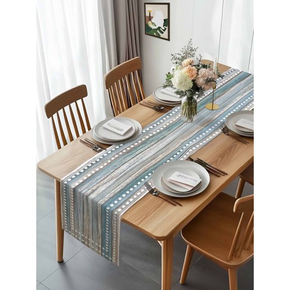 Burlap Table Runner 90 Inches Long, Farm Blue Wood Board Non-Slip Kitchen Table Runners for Dining Room Everyday Use Party Table Decorations Polka Dot White Stripe