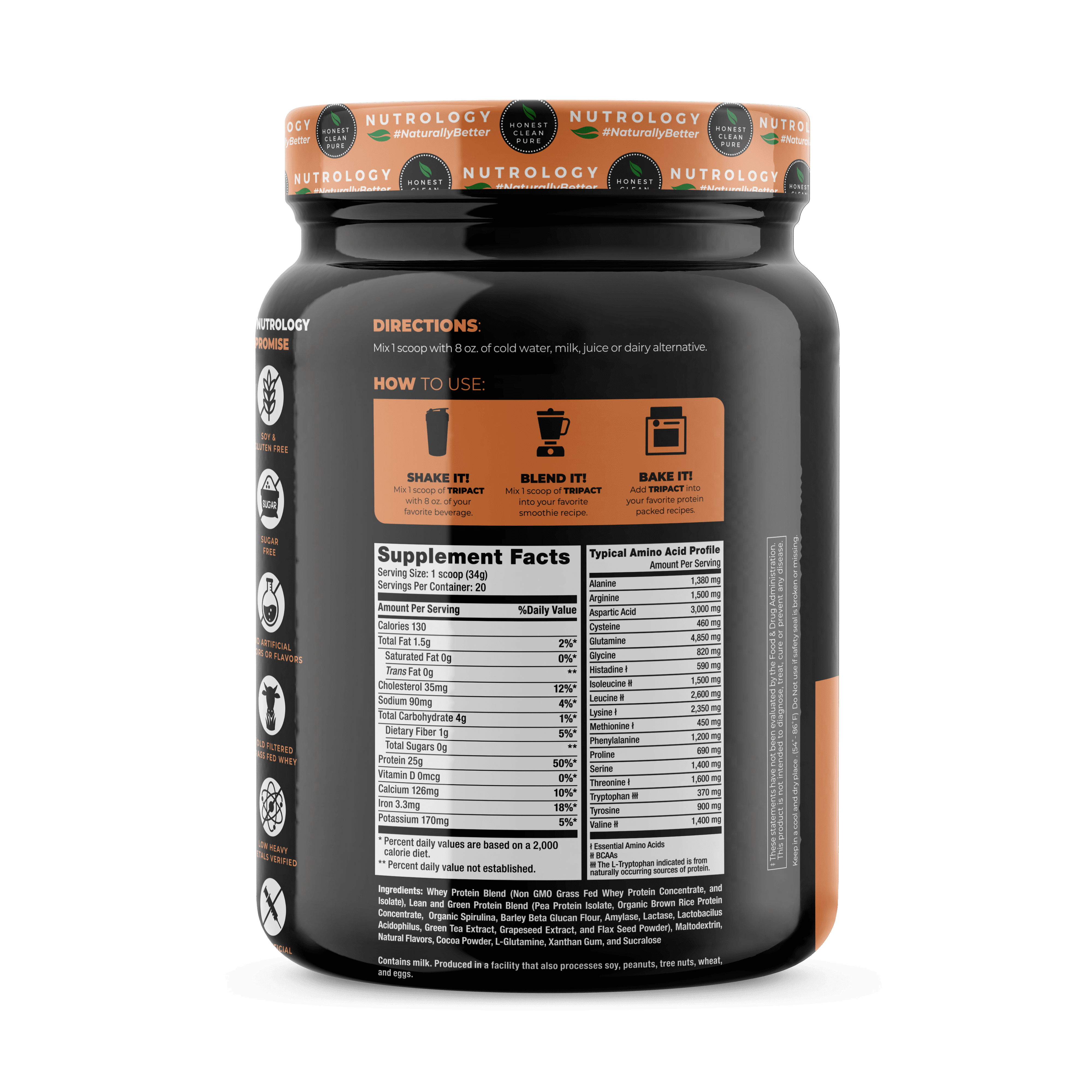 Nutrology - TRIPACT Protein - Chocolate 1.5lb. - Premium Nutrition Shake Featuring Non-GMO Grass Fed Whey Protein, Plant Proteins, Greens, and Superfoods.