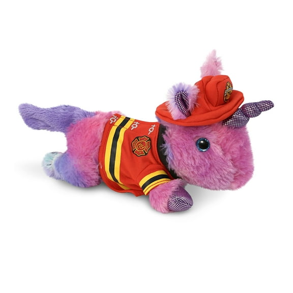 DolliBu Unicorn Firefighter Stuffed Animal - Cotton Candy Monday Pink Unicorn Fireman Toy with Red Fireman Costume Outfit and Fireman Hat, Cute Stuffed Fire Fighter Doll Plush Toy for Kids - 10.5 Inch