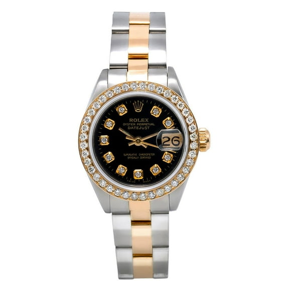 Pre-Owned Rolex DateJust Two Tone Diamond Watch, 6917 26mm, Black Dial With 0.90Ct Diamond Bezel