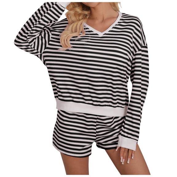 2 Piece Workout Sets For Women Women's Striped Matching Set Long Sleeve Sweatshirt and Drawstring Shorts Casual Two Piece Outfit