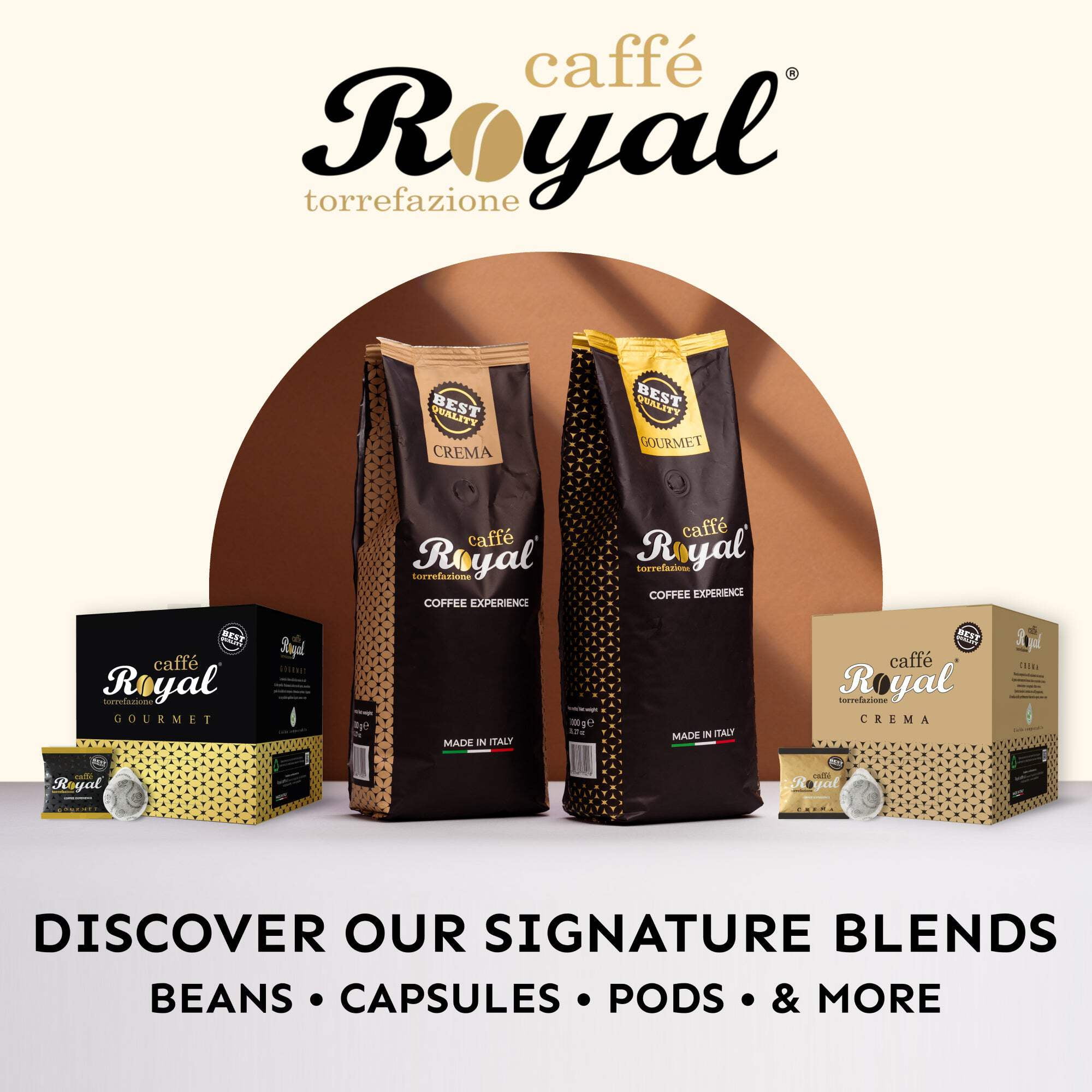 Royal Caffe Italian Coffee Beans – Gourmet Medium Roast, 70% Arabica 30% Robusta Blend, Balanced Sweetness and Intense Aroma, Whole Bean, 2.2 lbs (1000 Grams), Made in Italy